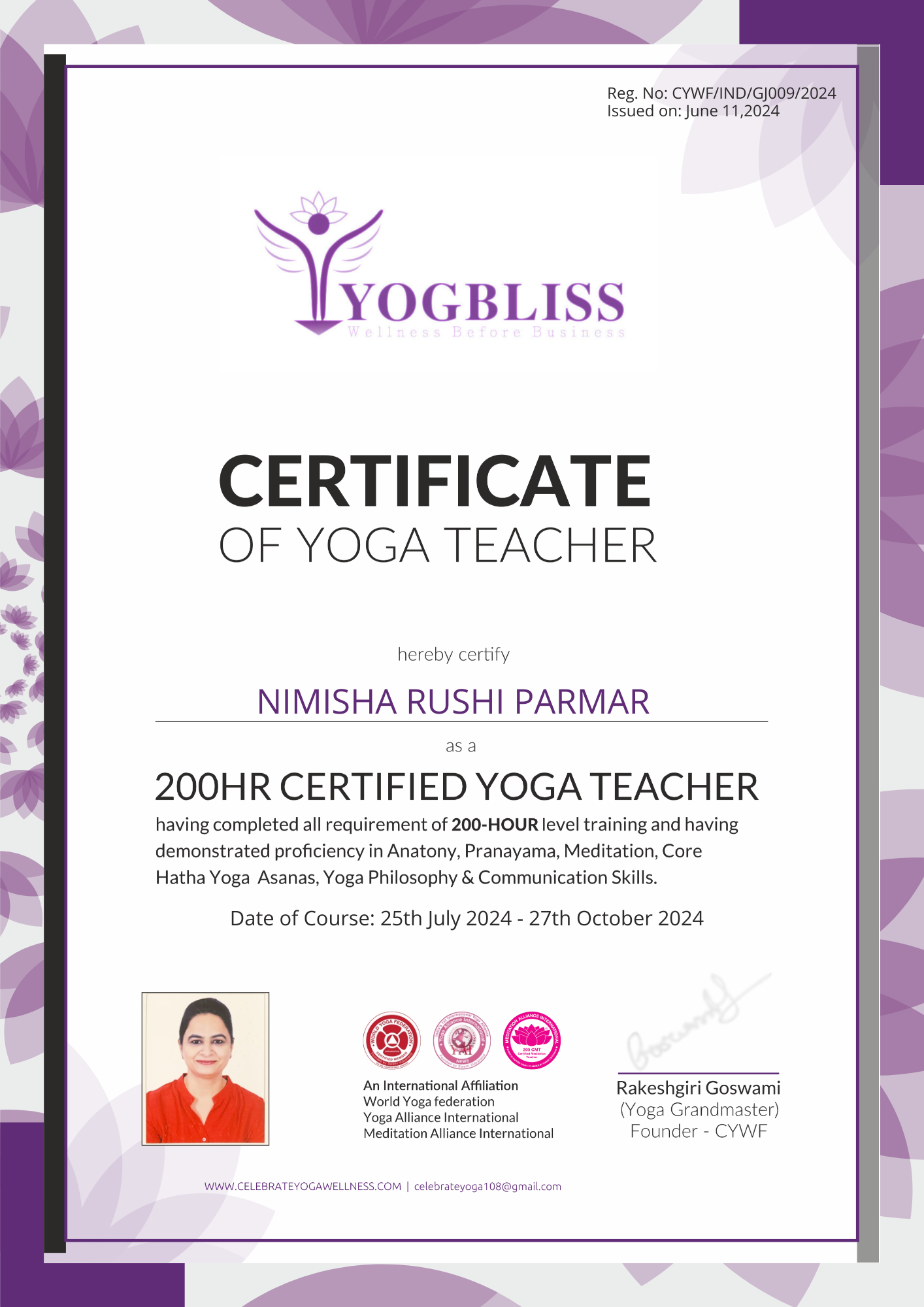 yog bliss certificate